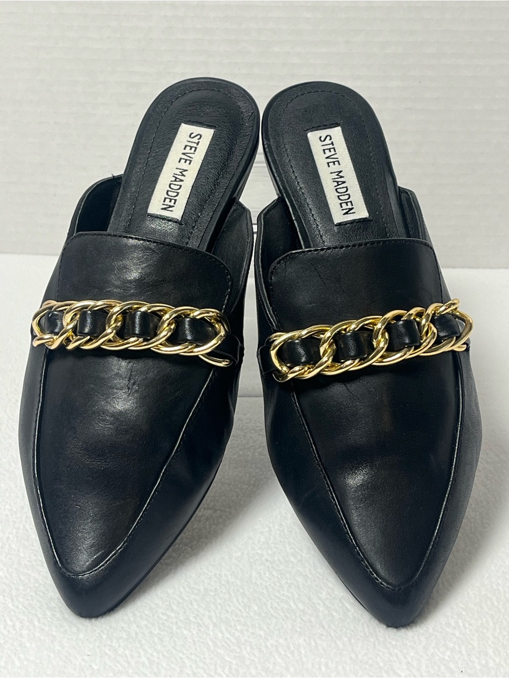 Steve Madden FAINE Black Leather Gold Chain Pointed Toe Mules 8.5